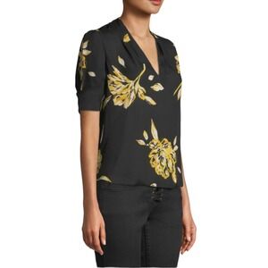 Joie Black and Yellow Puff Sleeve Blouse with Notched Collar